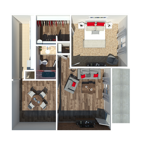 a stylized rendering of a bedroom with a wood floor